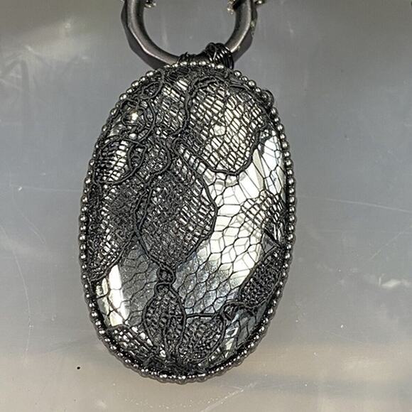 Hand Embellished Necklace eyeball bow, crystal lace pendant guitar pick beads - Picture 3 of 10